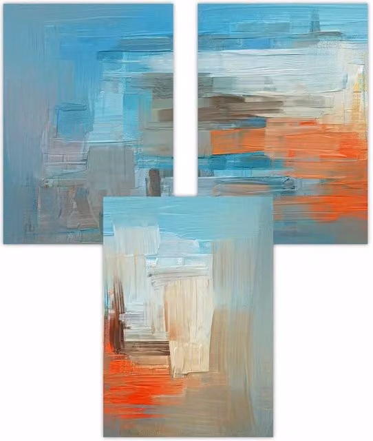 ARTZE Set of 3 Geometric Abstract Ocean Liner Art Posters in Blue, Orange and White, W: 59 cm, H: 84 cm