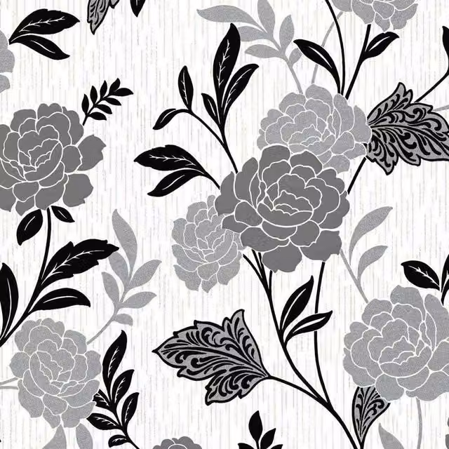 Arthouse Carla Floral Botanical Modern Textured Vinyl Wallpaper in Grey, Black, White and Silver