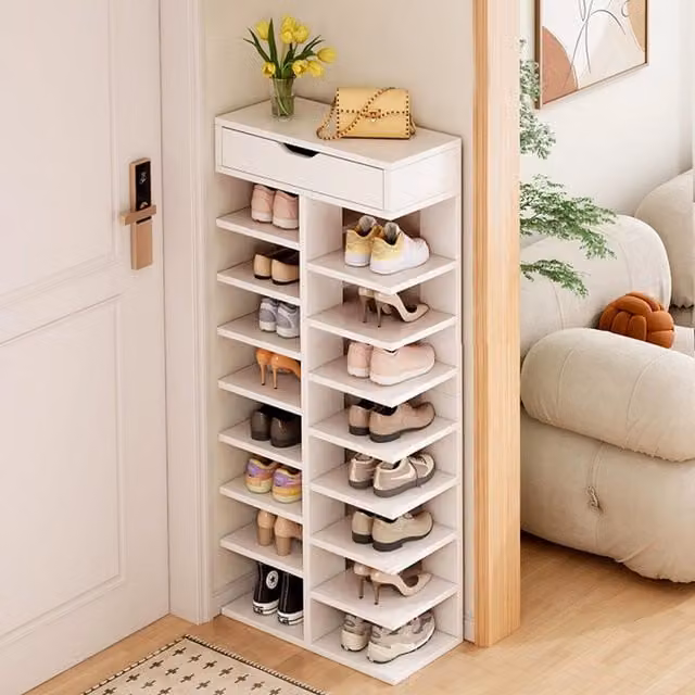 Livingandhome 9-Tier Scandinavian Shoe Storage Organizer Rack with Drawer in White Matt