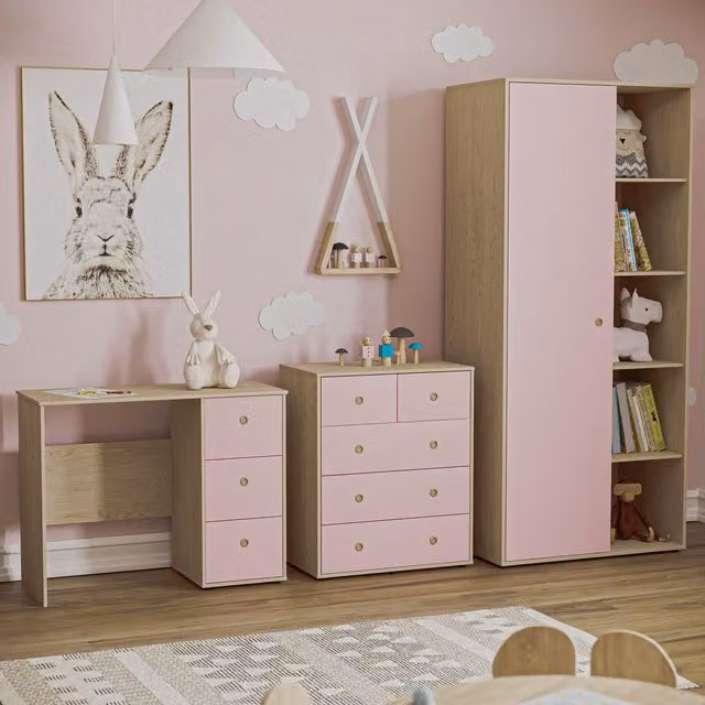 Vida Designs Junior Vida 3 Piece Childrens Bedroom Set in Pink and Oak MDF