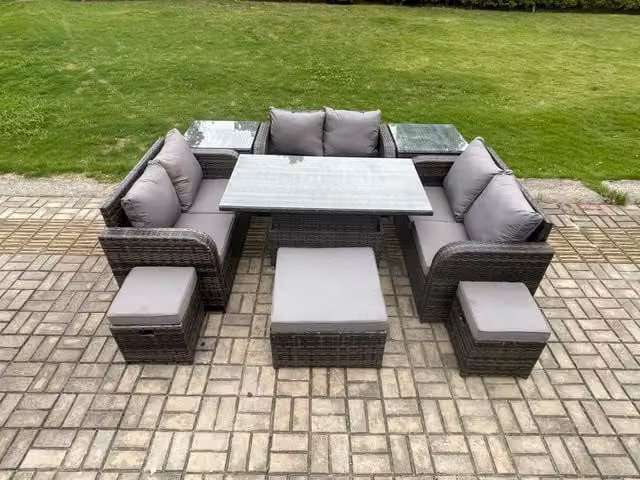 Fimous 3 Piece Rattan Garden Furniture Set with Height Adjustable Dining Table, 2 Side Tables and 3 Footstools in Dark Grey