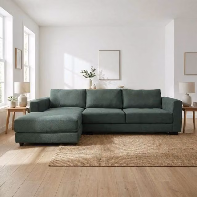 Abakus Direct Kaizer L-Shaped Corner Sofa in Green Boucle Fabric, Left Facing – 1