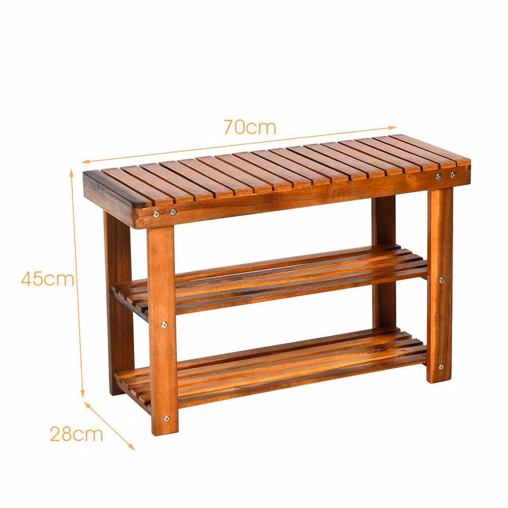 Costway Acacia Wood 3-Tier Shoe Rack Bench in Brown, W/D/H: 70 x 28 x 45 cm – 2
