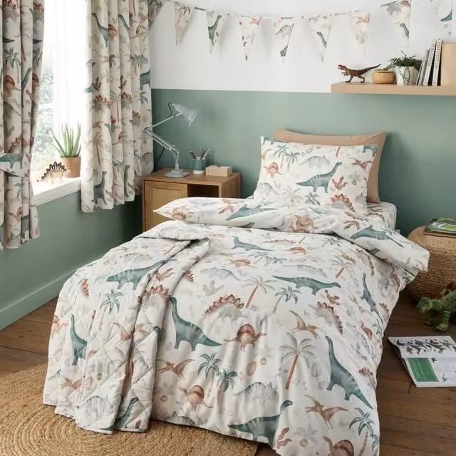 Happy Linen Company Scandi Saurus Dinosaurs Reversible Duvet Cover and Pillowcase Bedding Set in Ivory, Toddler Size