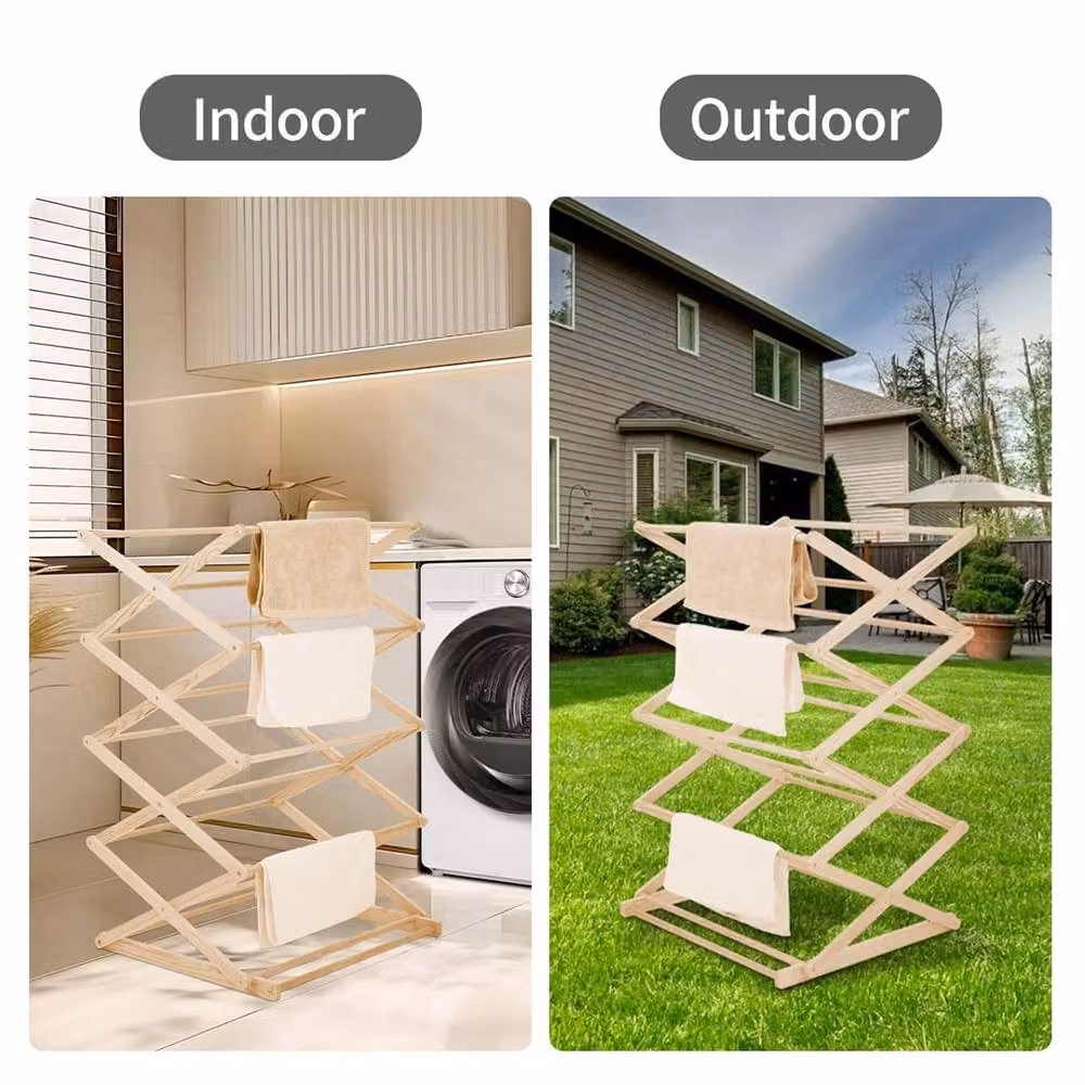 Nordara Adjustable Wooden Collapsible Clothes Airer in Beige, W/D/H: 130 x 60 x 42.1 cm – 3