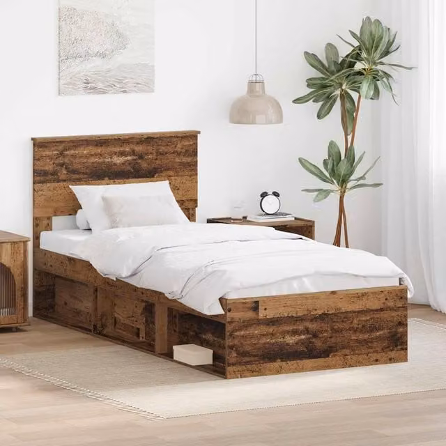 Berkfield Home Modern Bed Frame with Headboard in Old Wood Brown, W/D/H: 90 x 190 cm – 1