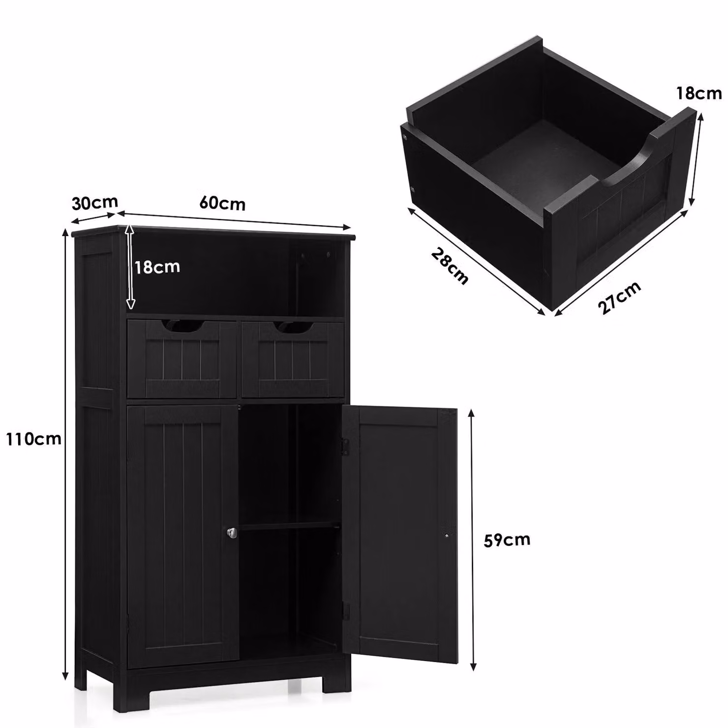 Costway Black Wooden Bathroom Floor Cabinet with Hinged Doors and Internal Shelves – 2