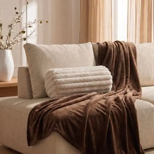 OHS Faux Fur Ribbed Round Bolster Cushion in Beige – 1