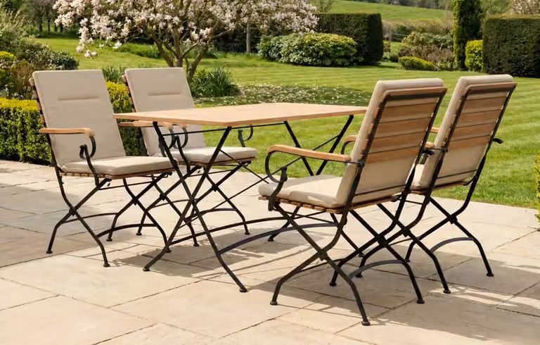 MINT Outdoor Sicily 4 Seater Teak and Wrought Iron Rectangular Garden Dining Set, Sand, Width: 120 cm