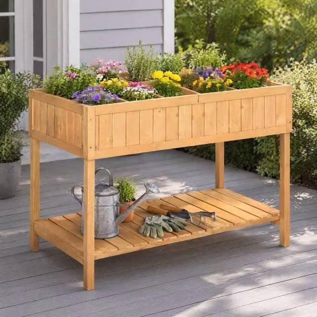 STILVORA Wooden Planter with 8 Compartments and Bottom Shelf in Brown, W/D/H: 110 x 76 x 46 cm – 1