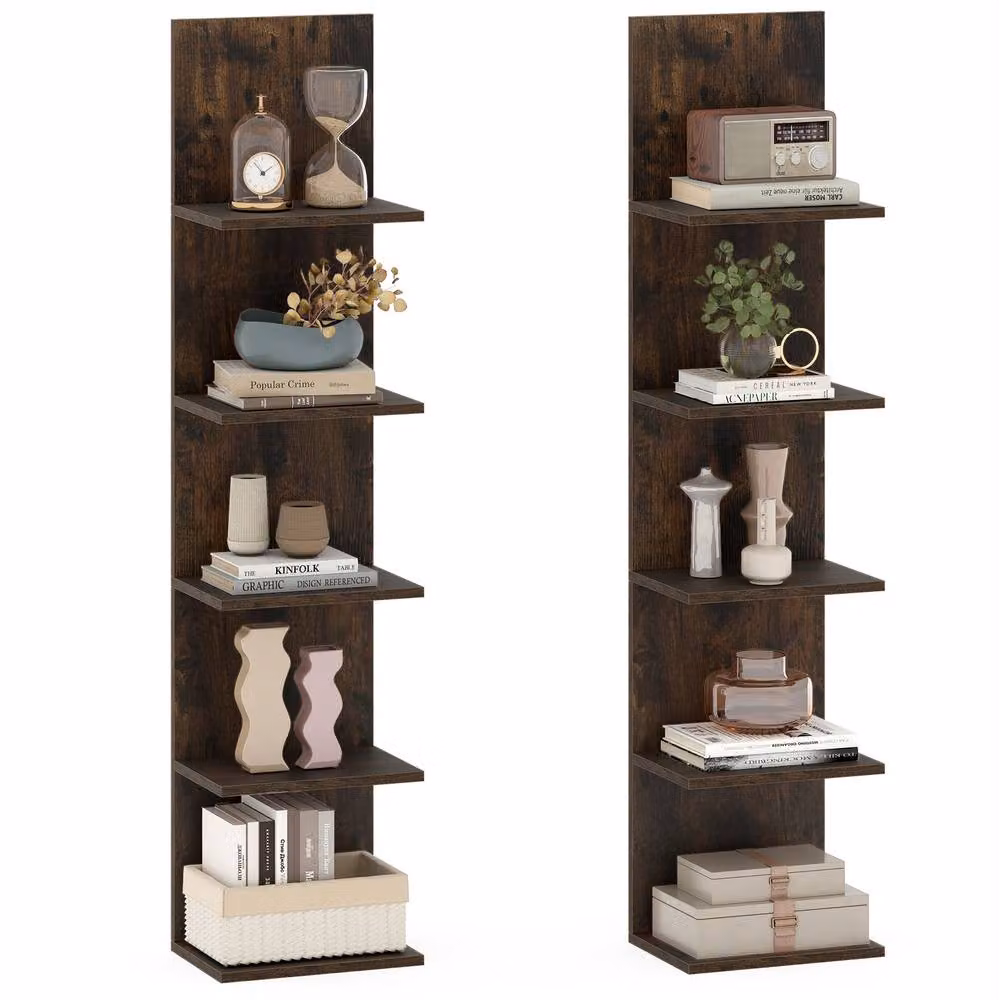Costway 5-Tier Industrial Wall-Mounted Wooden Shelving Unit in Brown – 5