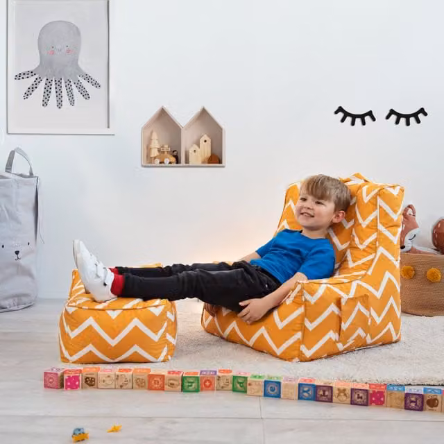Ready Steady Bed Kids Bean Bag Armchair with Footstool in Zigzag Yellow and Orange