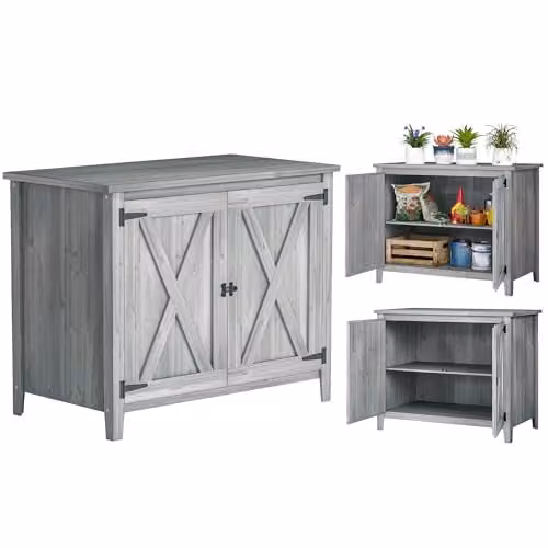Outsunny Wooden Garden Shed with Internal Shelves and Hinged Doors, Light Grey, W/D/H: 110 x 60 x 88.5 cm – 1