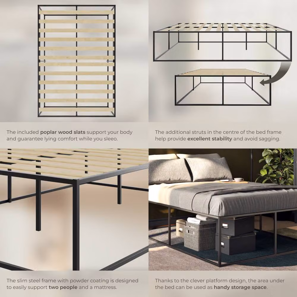 tectake Kyoto Double Bed Frame in Black with Wood Slats, W/D/H: 140 x 200 x 46.5 cm – 4