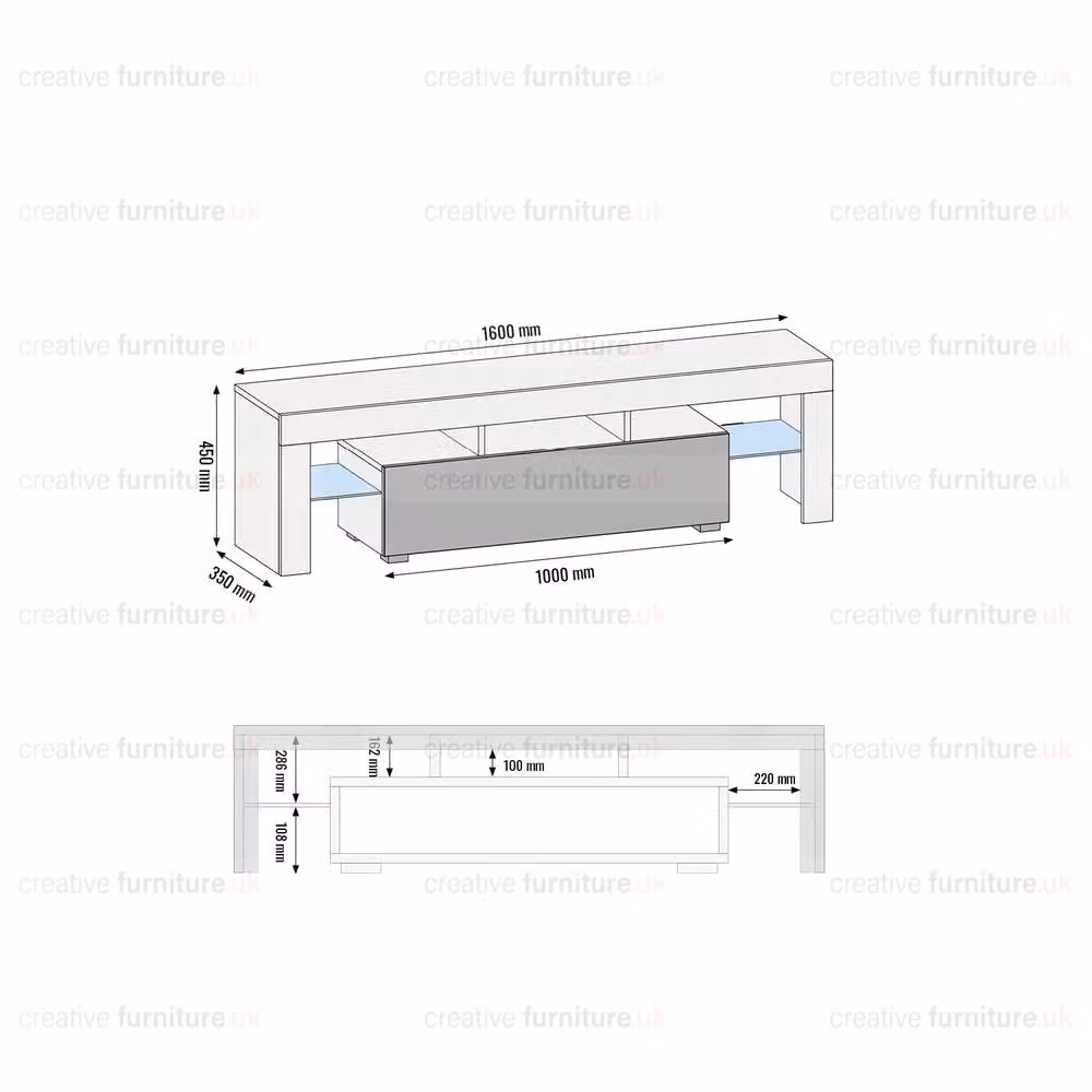 Creative Furniture Modern Glossy TV Unit in Grey, W: 160 cm, H: 45 cm, D: 35 cm – 4