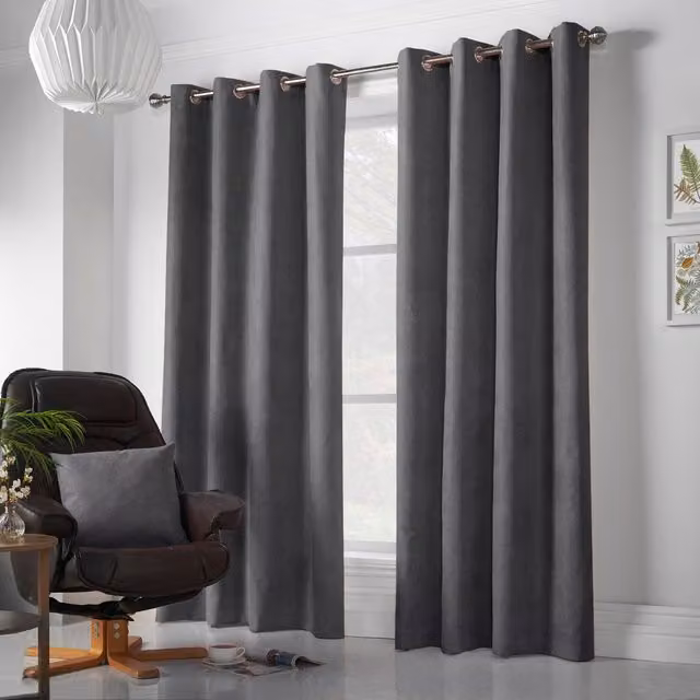 Terrys Luxury Living Grey Velvet Chenille Eyelet Curtains, Pair, Width: 142 cm, Drop: 137 cm