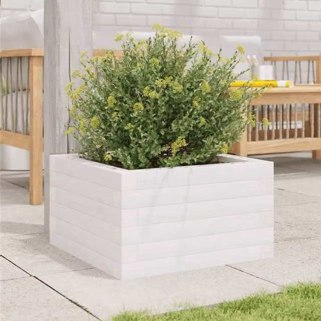 Berkfield Home Decorative White Garden Planter in Solid Wood, W/D/H: 40 x 40 x 23 cm