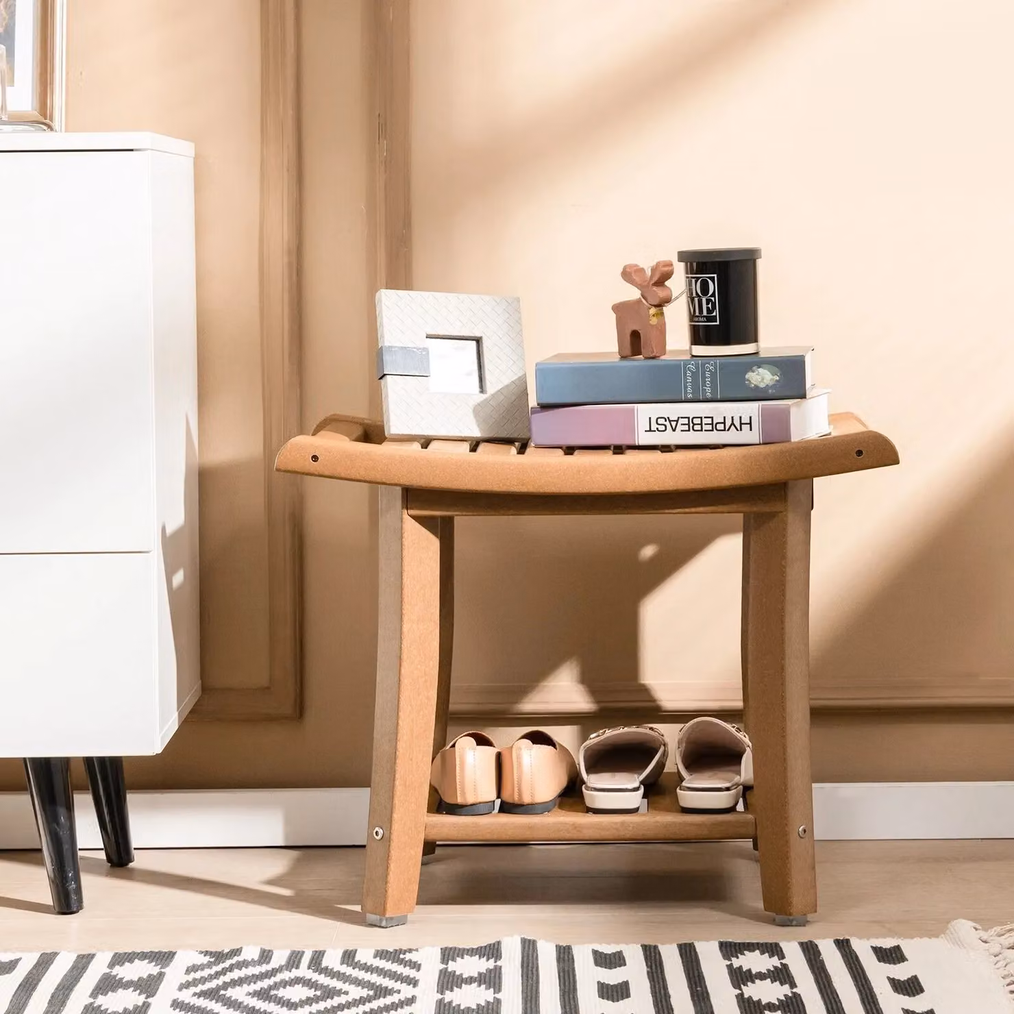 Costway Corner Shower Bench Stool with 2-Tier Storage Shelf in Brown – 4