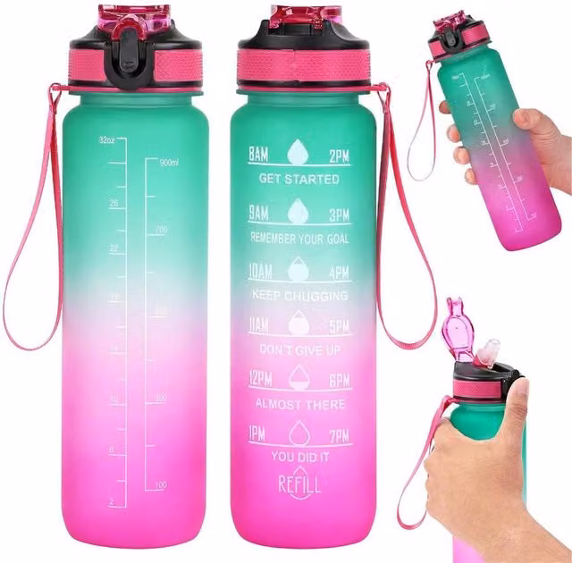 NESTLUNE BPA Free Sports Water Bottle with Straw, Pink and Green, 1 l