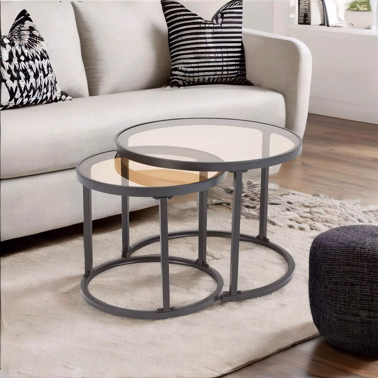 FURNOS Set of 2 Round Nesting Tables with Black Tempered Glass Tops – 3