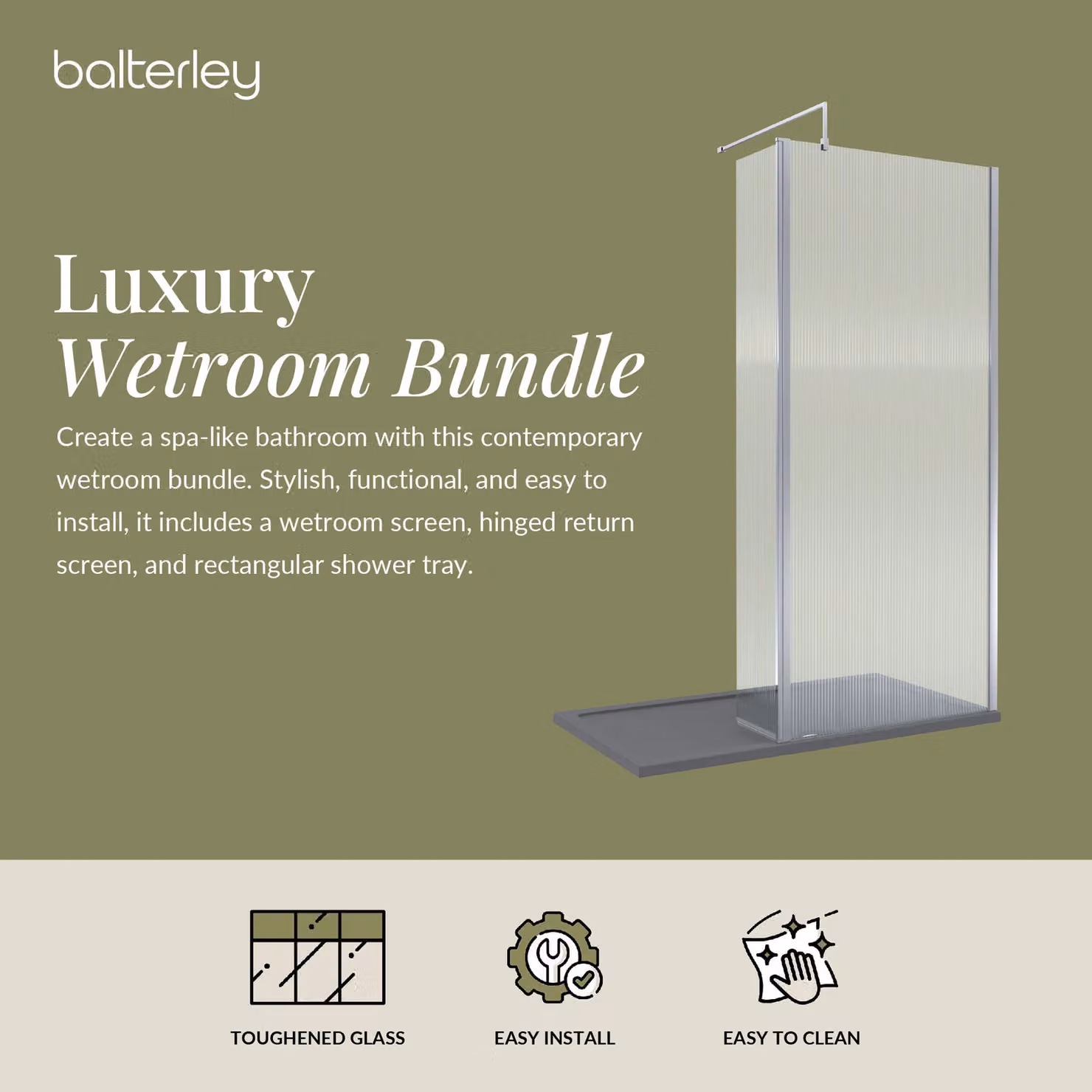 Balterley 8mm Fluted Glass Walk-in Wetroom Screen with Return, Silver and Grey, W: 1400 mm, D: 800 mm – 2