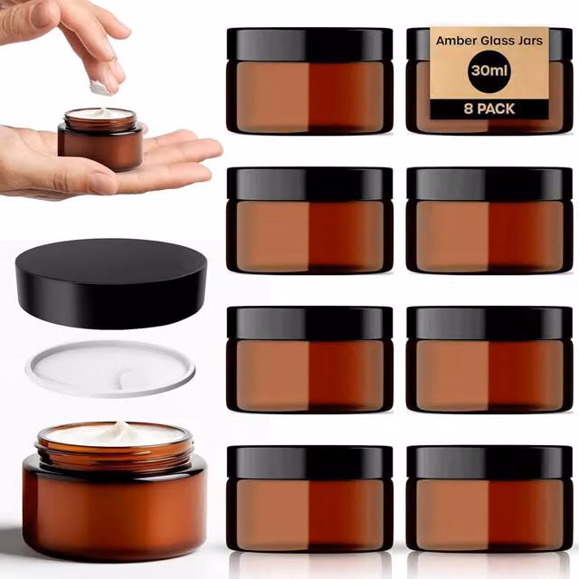 Volila 8-Pack Amber Glass Cosmetic Jars with Lids and Spatula, 30ml – 1