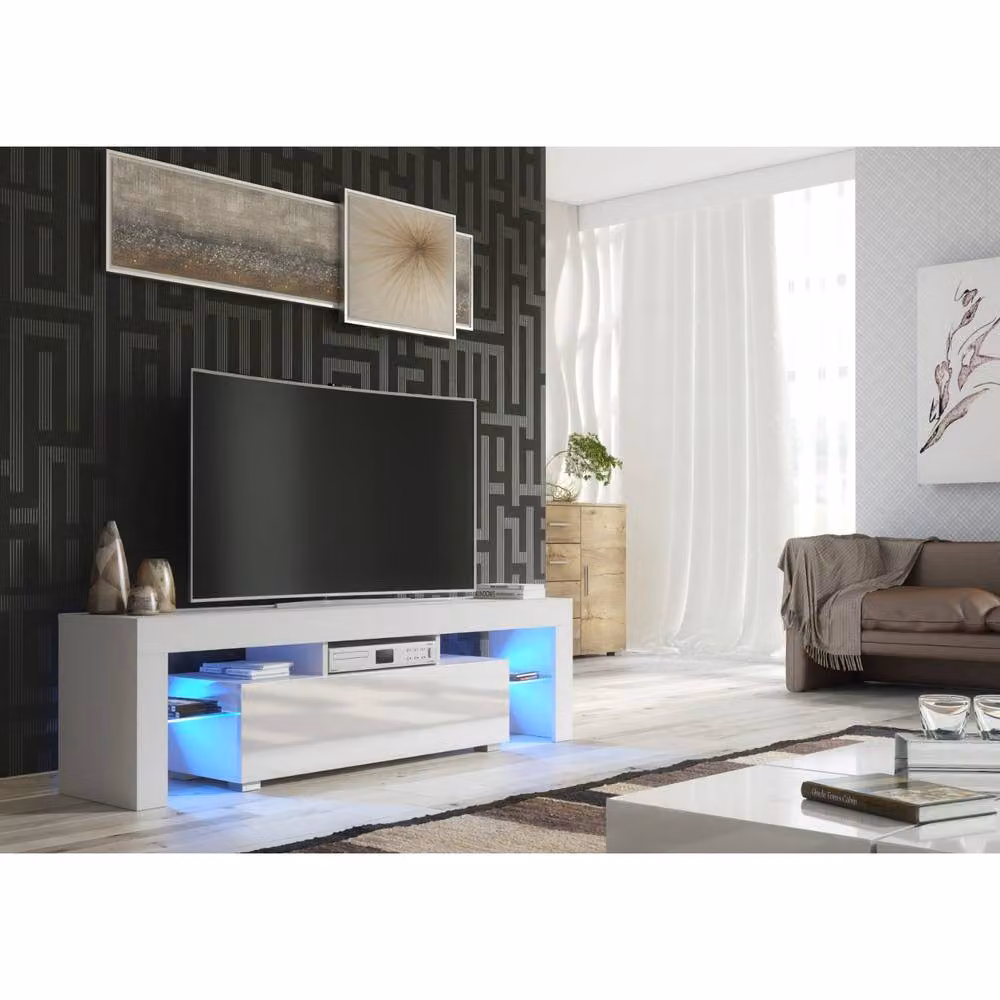 Mex Furniture LTD Aria Modern TV Unit in White with Glossy MDF Finish and Integrated LED Lighting, W: 160 cm, D: 35 cm, H: 45 cm – 4