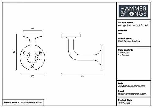 Hammer and Tongs Wrought Iron Handrail Bracket, Matt Black, Pack of 4, D75mm x H85mm – 5