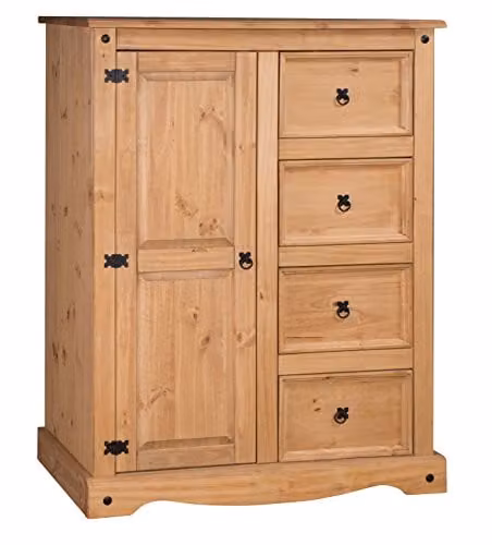 Mercers Furniture Corona 1 Door 4 Drawer Tallboy Wardrobe in Brown Solid Pine Wood