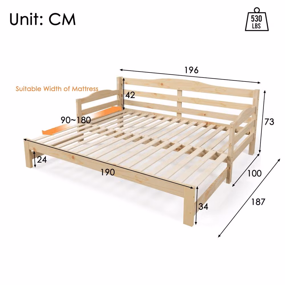 BTM Single Daybed Cabin Bed with Trundle Guest Bed Frame in Light Oak, W/D/H: 190 x 90 x 73 cm – 2