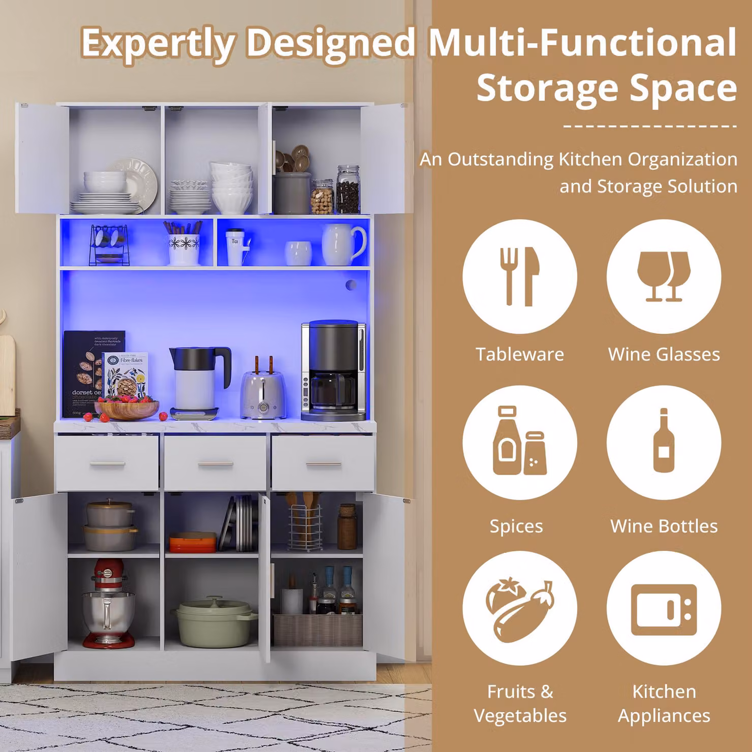 Aosom UK Modern Tall Pantry Cabinet in White with App-Controlled LED Lighting and Water-Resistant Worktop, W: 40 cm, D: 100 cm, H: 180 cm – 2
