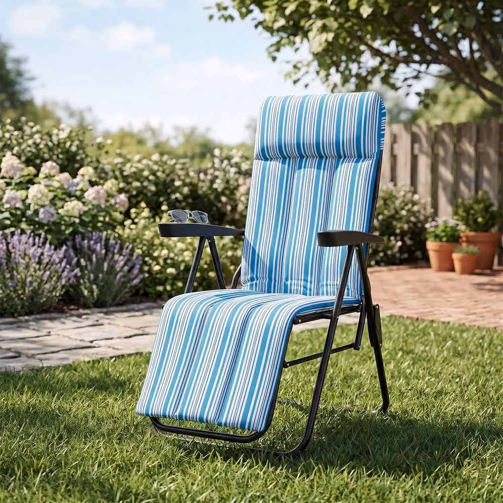 Gymax Blue Striped Foldable Sun Lounger Recliner with Adjustable Headrest and Armrests – 8