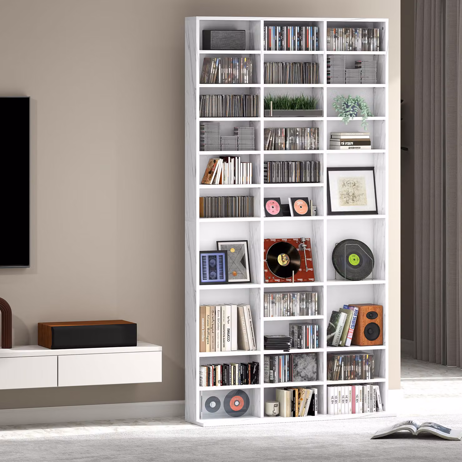 HOMCOM Modern White CD Storage Unit with Adjustable Shelves and Media Compartments, W: 102 cm, H: 195 cm – 4