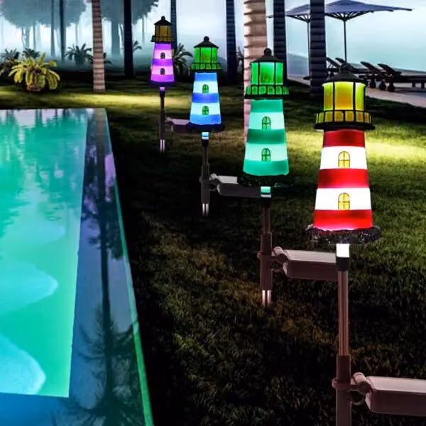 Leaper Set of 2 Blue Solar Powered Lighthouse LED Garden Lights with Ground Spikes – 6