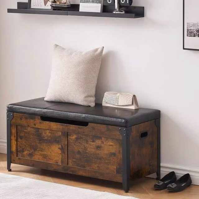 VOGREX Brown Wooden Shoe Storage Bench with Synthetic Leather Cushion Seat for Hallways