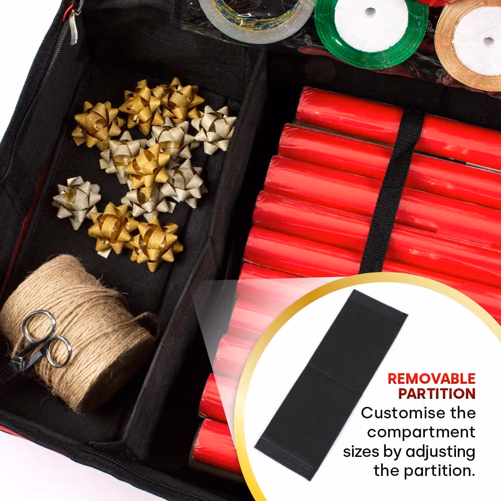Christmas Village Premium Fabric Wrapping Paper Storage Bag with 2 Pouches in Red and Grey – 5