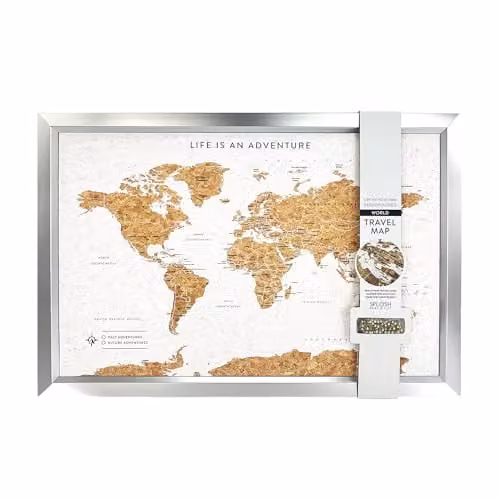 Splosh Framed World Travel Map with Pins in White Cork and Silver Frame, W: 55 cm, H: 37 cm