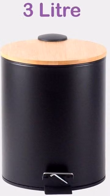 EONLION 3 Litre Black Stainless Steel Pedal Bin with Wooden Lid