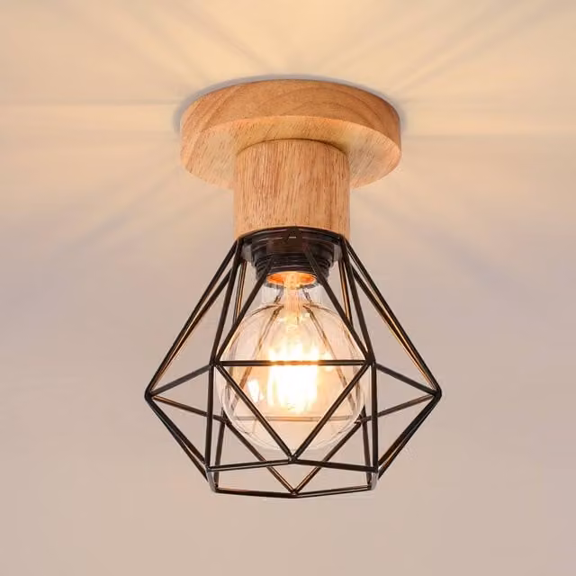 Pheashine Industrial Geometric Wood and Metal Ceiling Light in Black with E27 Bulb Included