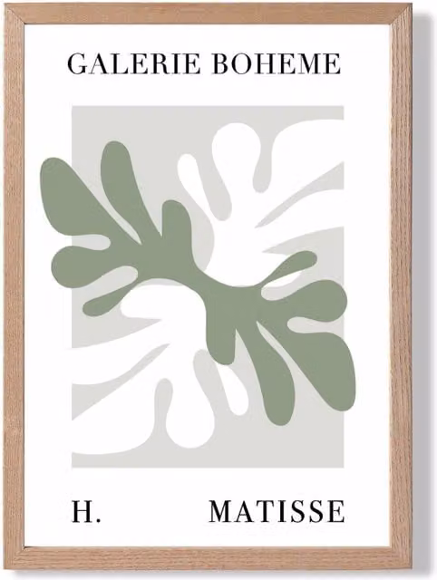 ARTZE Matisse Floral Cutout Sage Green Bohemian Framed Print with Oak Frame