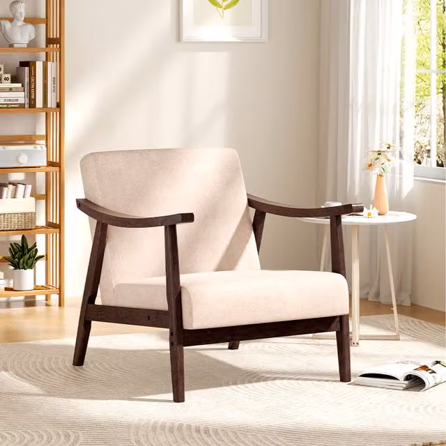 Komore Mid-Century Wooden Armchair with Tech Velvet in Beige and Brown