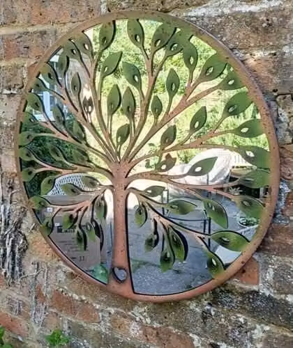 Inspirational Gifting Tree of Life Round Metal Wall Mirror with Green Leaves in Brown, Diameter: 64 cm