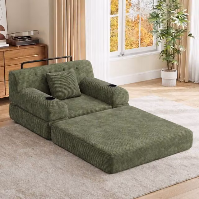 BTM Green Corduroy 1 Seater Sleeper Sofa Chair with Armrests and Cup Holders