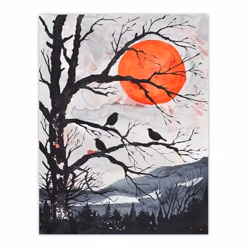 Artery8 Red Winter Sun and Birds on Forest Tree Landscape Wall Art Paper Poster Print, W: 46 cm, H: 61 cm – 1