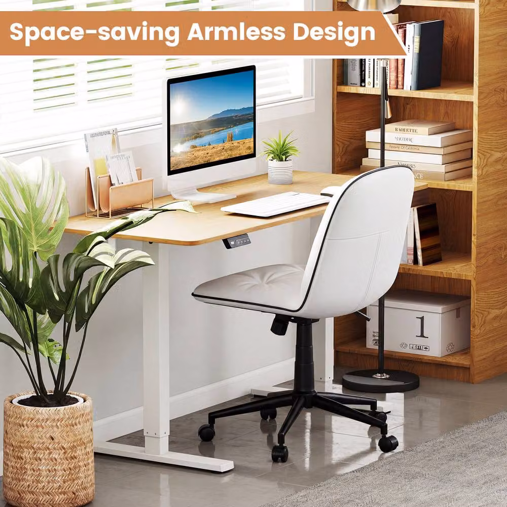 Gymax Armless Swivel Home Office Task Chair in White PU Leather – 3
