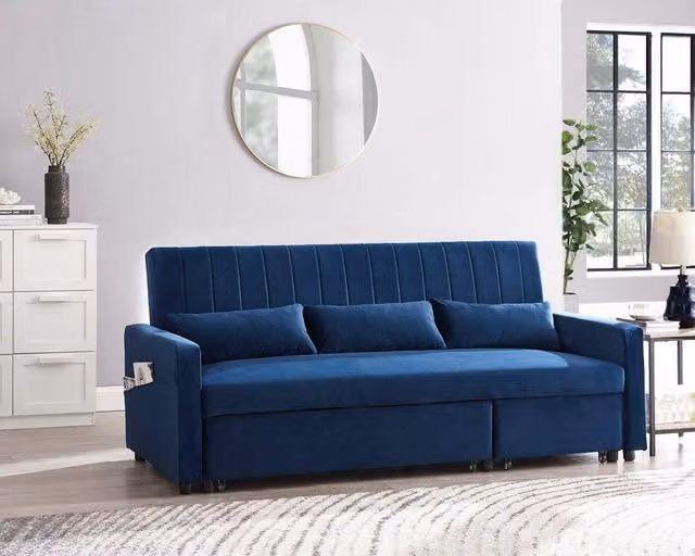 Home Detail Devon Dark Blue Velvet Pull Out Sofa Bed with Ribbed Fabric Detailing, Side Pocket Storage and Scatter Cushions, 120 x 200 cm – 1