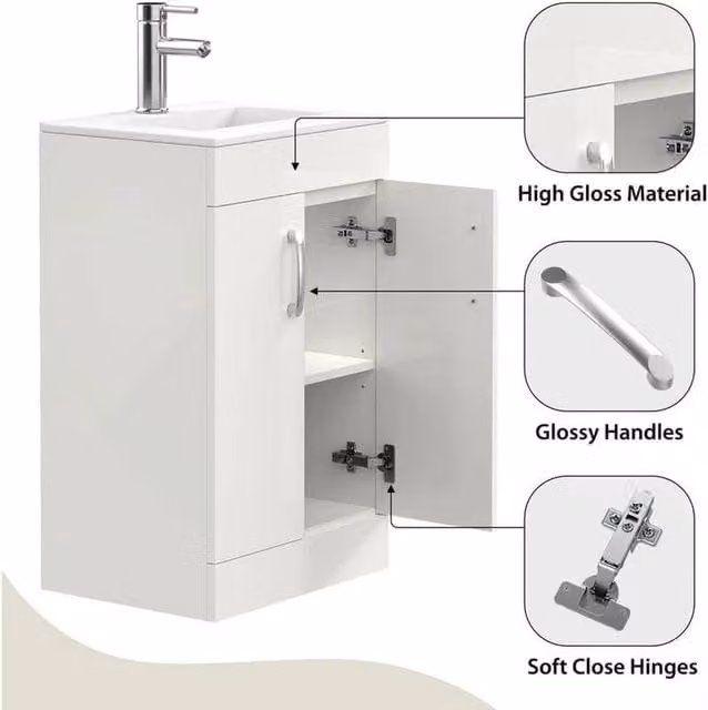 FORGEVIO White Lacquered Freestanding Bathroom Vanity Unit with Basin and Internal Shelves