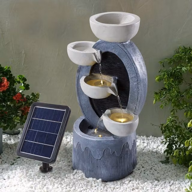 Breeins Grey Multi Tier Solar Cascade Fountain with LED Lights, Height: 54 cm