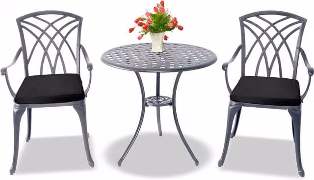 OSHOWA Grey Metal Outdoor Bistro Set with Table and 2 Chairs featuring Black Cushions
