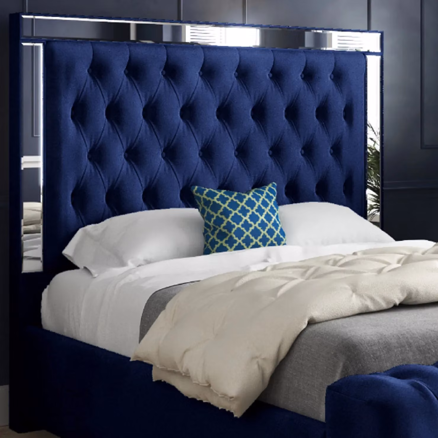 Casani Marino Mirror Upholstered Velvet Bed Frame in Blue and Silver, W/D/H: 140 x 200 cm – 2